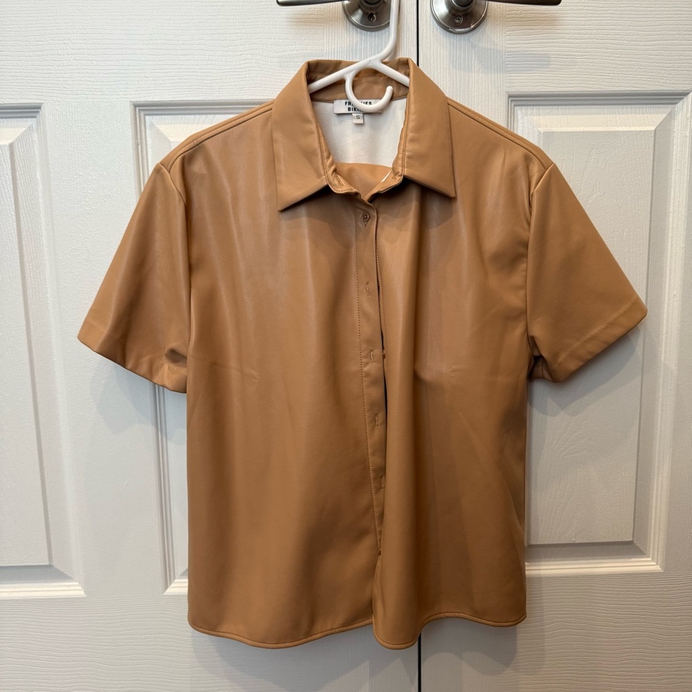 Frankies Bikinis rusty vegan leathered button up shirt